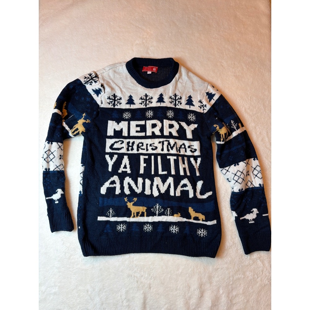 You Look Ugly Today Merry Christmas Ya Filthy Animal Sweater Navy Blue Mens M